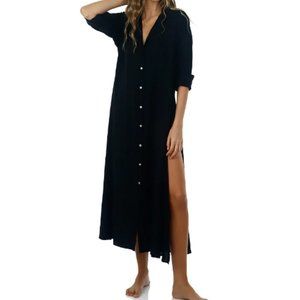 Malai Women's Black Boho Long Sleeve Collared Shirt Dress Size M/L